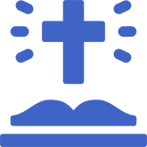 Blue cross and book icon with rays.