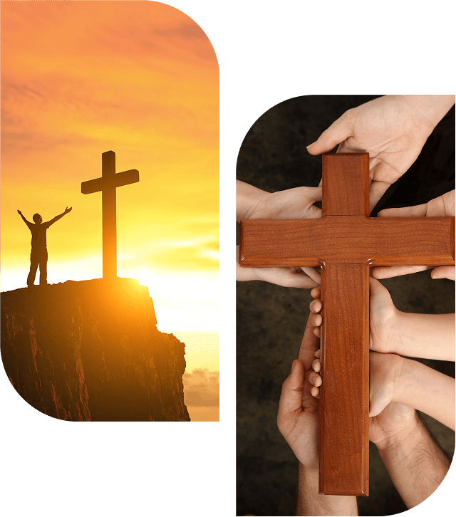 Sunset cross and hands holding cross.