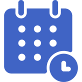 Blue calendar icon with clock symbol.