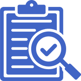 Clipboard with magnifying glass and checkmark.