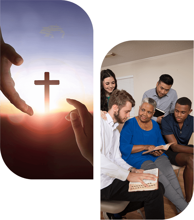 Hands reaching for cross; group Bible study.