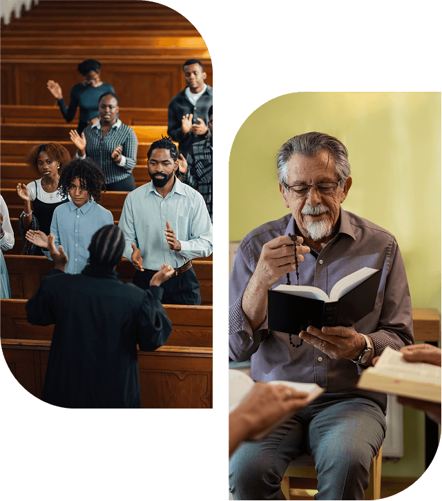Congregation singing; elderly man reading book.