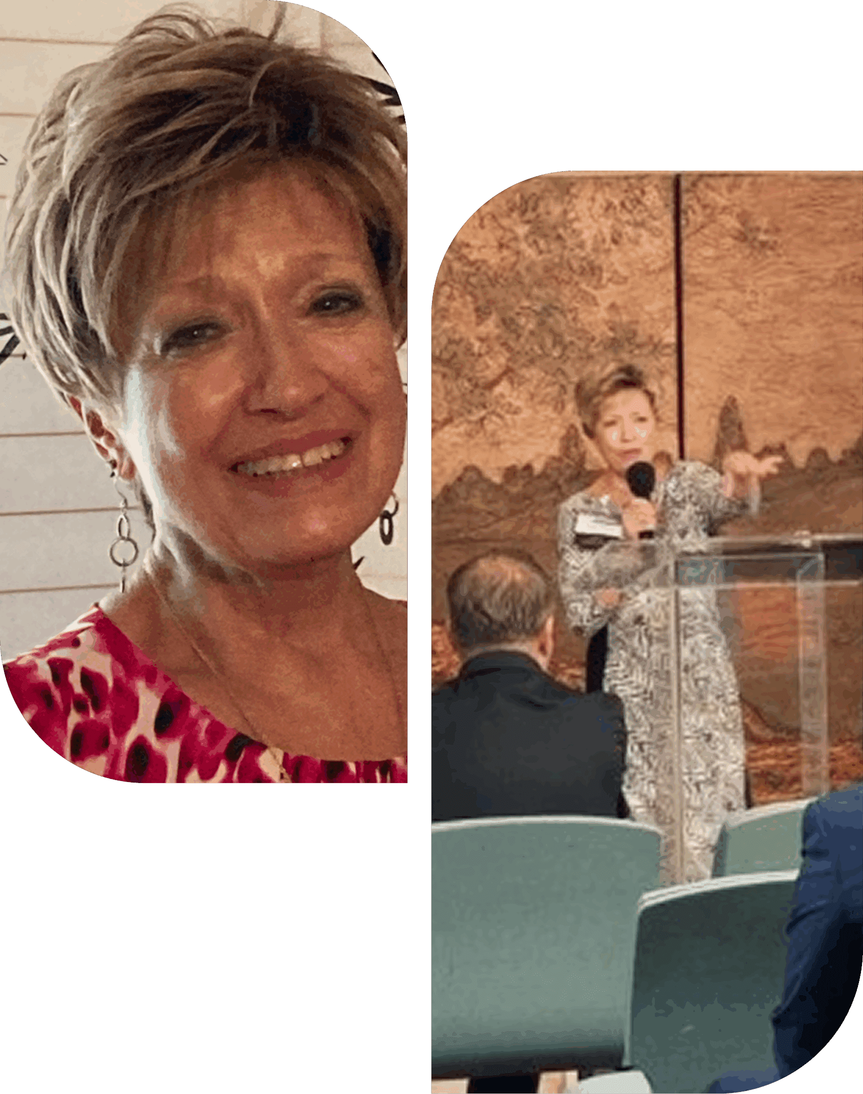 A woman speaking at a podium and a smiling woman in a pink patterned top.