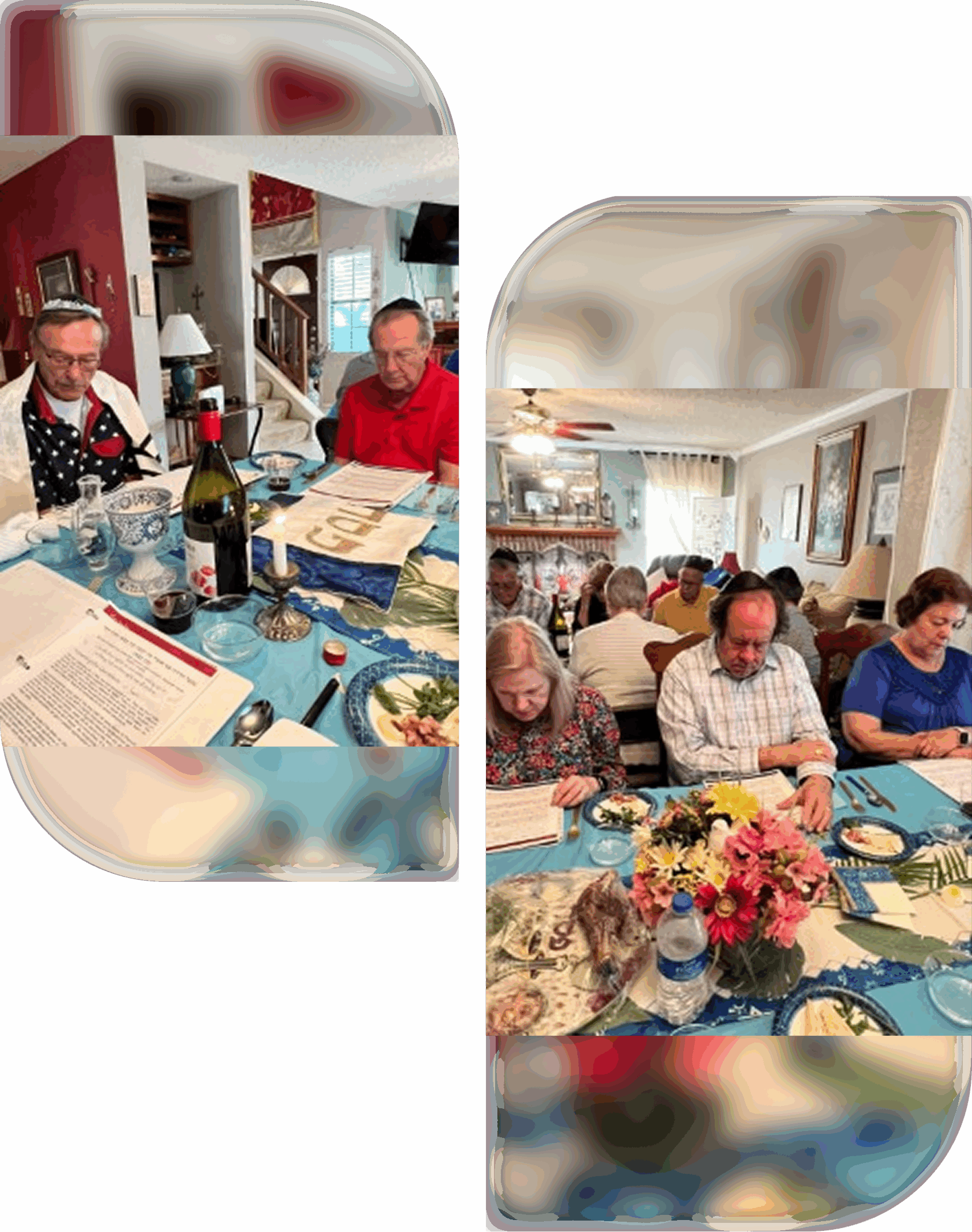 Two groups of elderly individuals enjoying a social gathering with games and food.